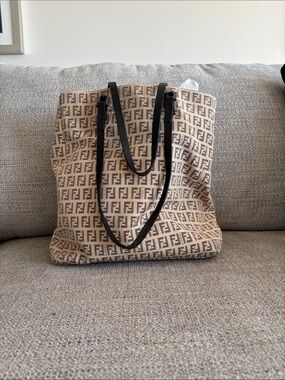 Fendi Beige & Brown FF Monogram Tote with Black Straps